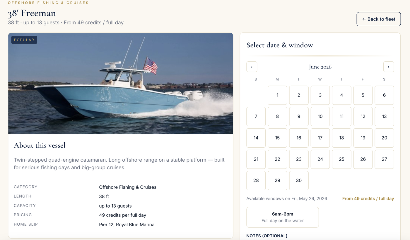 Royal Blue member app — 38' Freeman booking